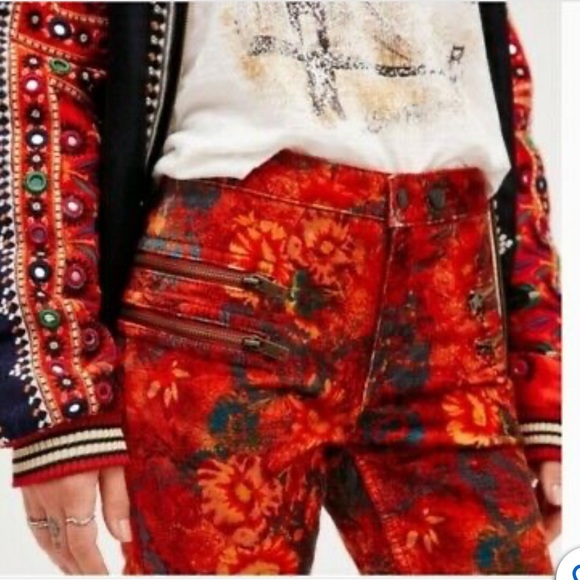 FREE PEOPLE orange velvet floral high waist pants - Picture 3 of 11